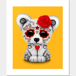 Red Day of the Dead Sugar Skull Polar Bear Posters and Art